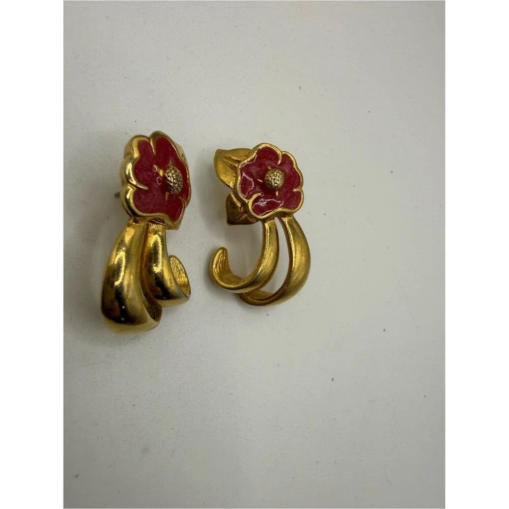 Vintage Avon Tropical Splendor Red Enamel Hibiscus Jewelry Set Bracelet Earrings